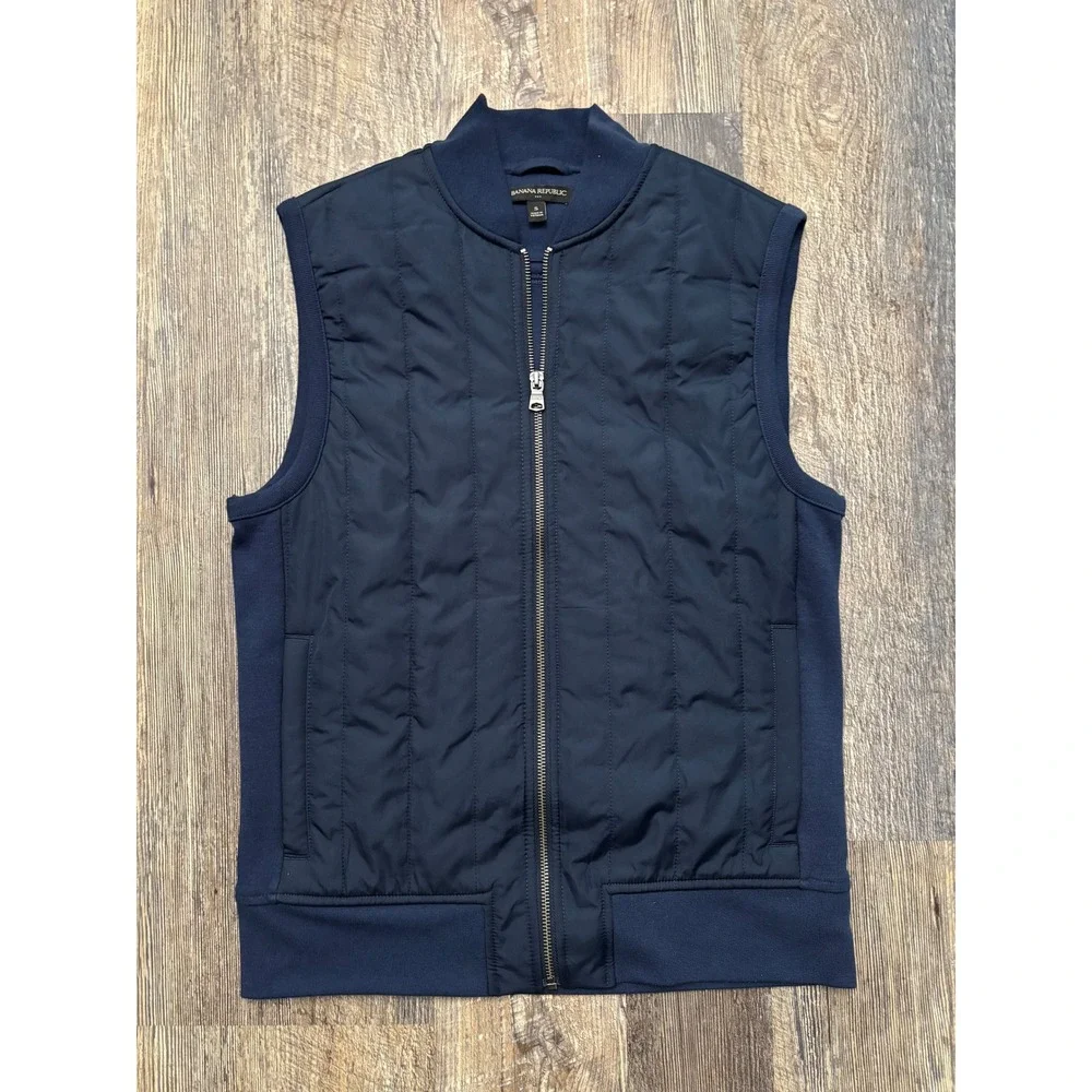 Banana Republic Mens Quilted Mixed Media Full Zip Vest Navy Blue Small RN54023